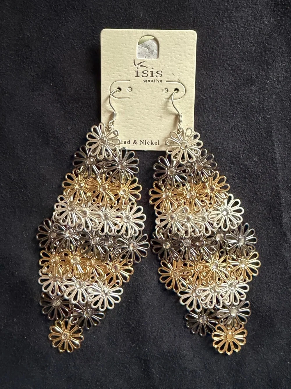 Layered Sunflower Dangle Earrings 4” Gold Silver Mixed Metal Floral Statement